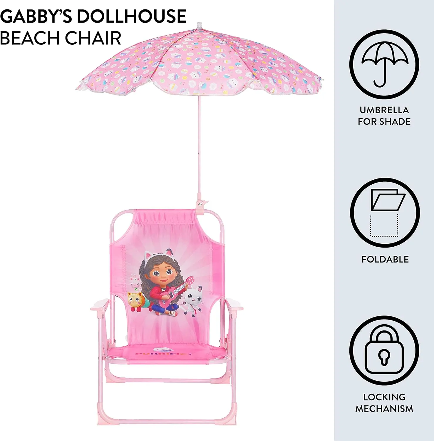 Idea Nuova Gabby’s Dollhouse Kids Folding Beach Chair with Umbrella, Outdoor Chair for Girls Ages 3 ,Portable, Lightweight, UV Protection - Patio, Pool, Beach Travel Accessory