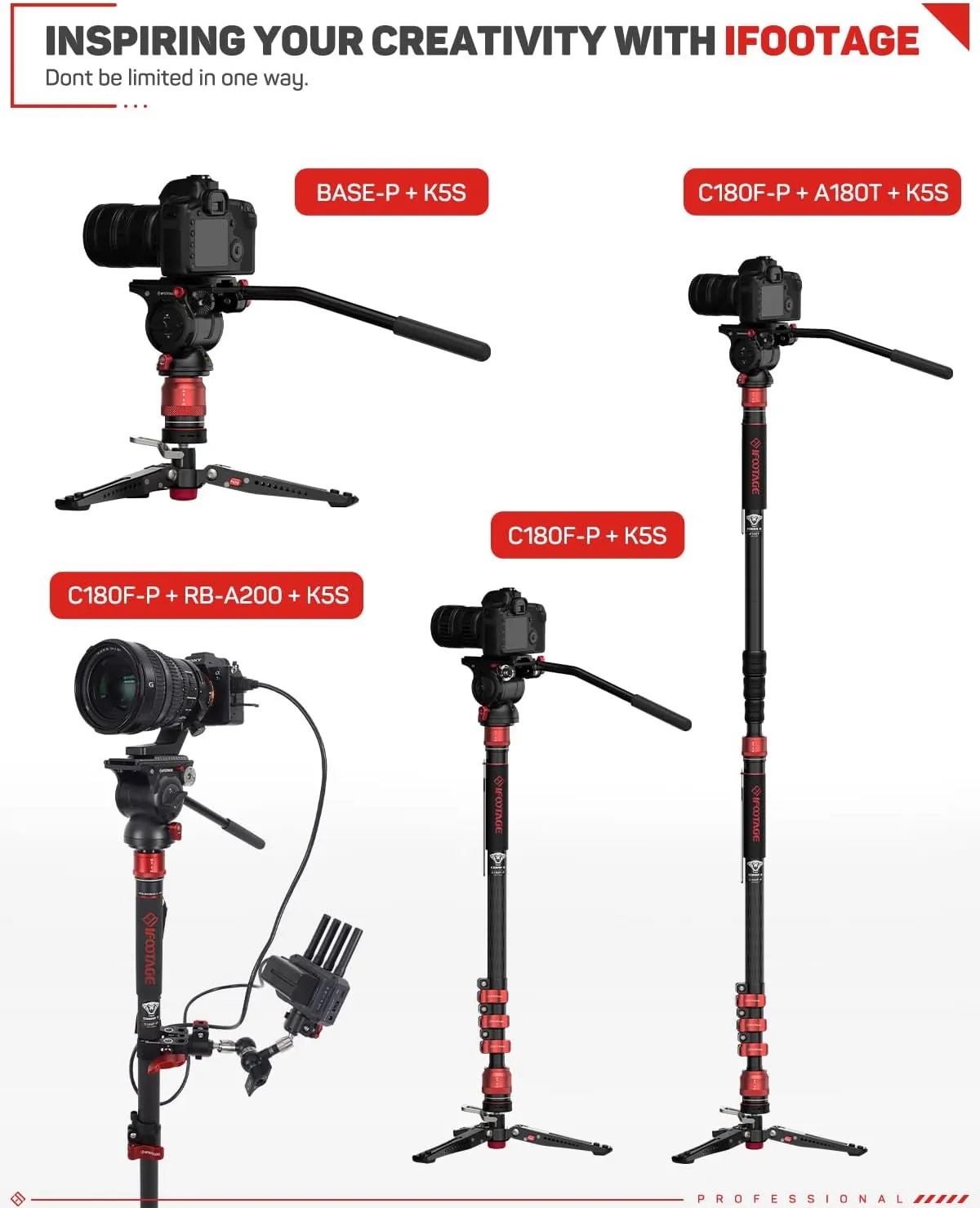 IFOOTAGE 71" Monopod with Fluid Head, Monopod for Cameras with Video Head, Carbon Fiber Vamera Monopod with Fluid Head, Outdoor Photography Set, Monopod with Video Head, Cobra 3 C180F-P & Komodo K5S