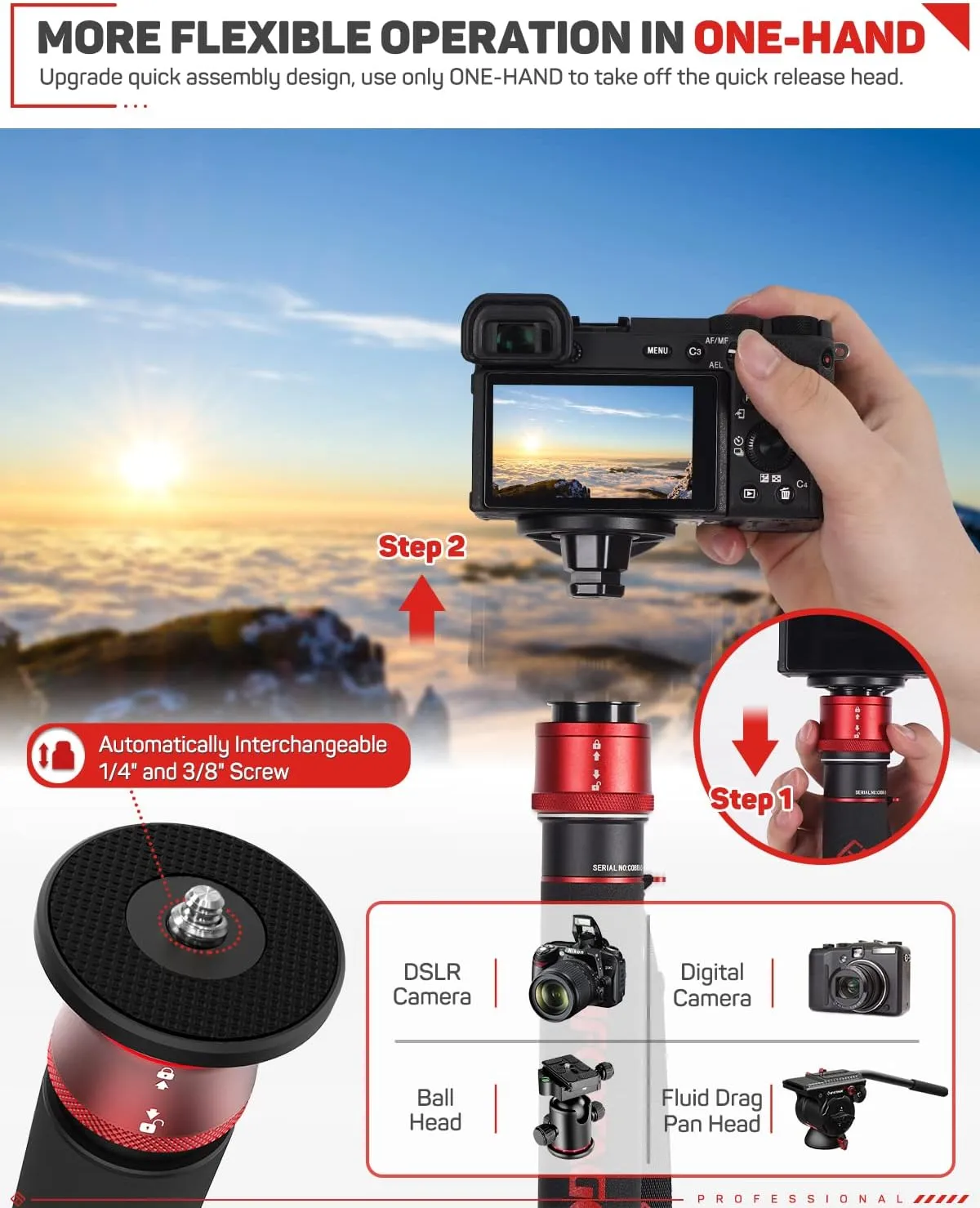 IFOOTAGE 71" Monopod with Fluid Head, Monopod for Cameras with Video Head, Carbon Fiber Vamera Monopod with Fluid Head, Outdoor Photography Set, Monopod with Video Head, Cobra 3 C180F-P & Komodo K5S