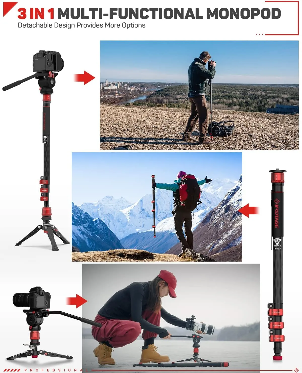 IFOOTAGE 71" Monopod with Fluid Head, Monopod for Cameras with Video Head, Carbon Fiber Vamera Monopod with Fluid Head, Outdoor Photography Set, Monopod with Video Head, Cobra 3 C180F-P & Komodo K5S