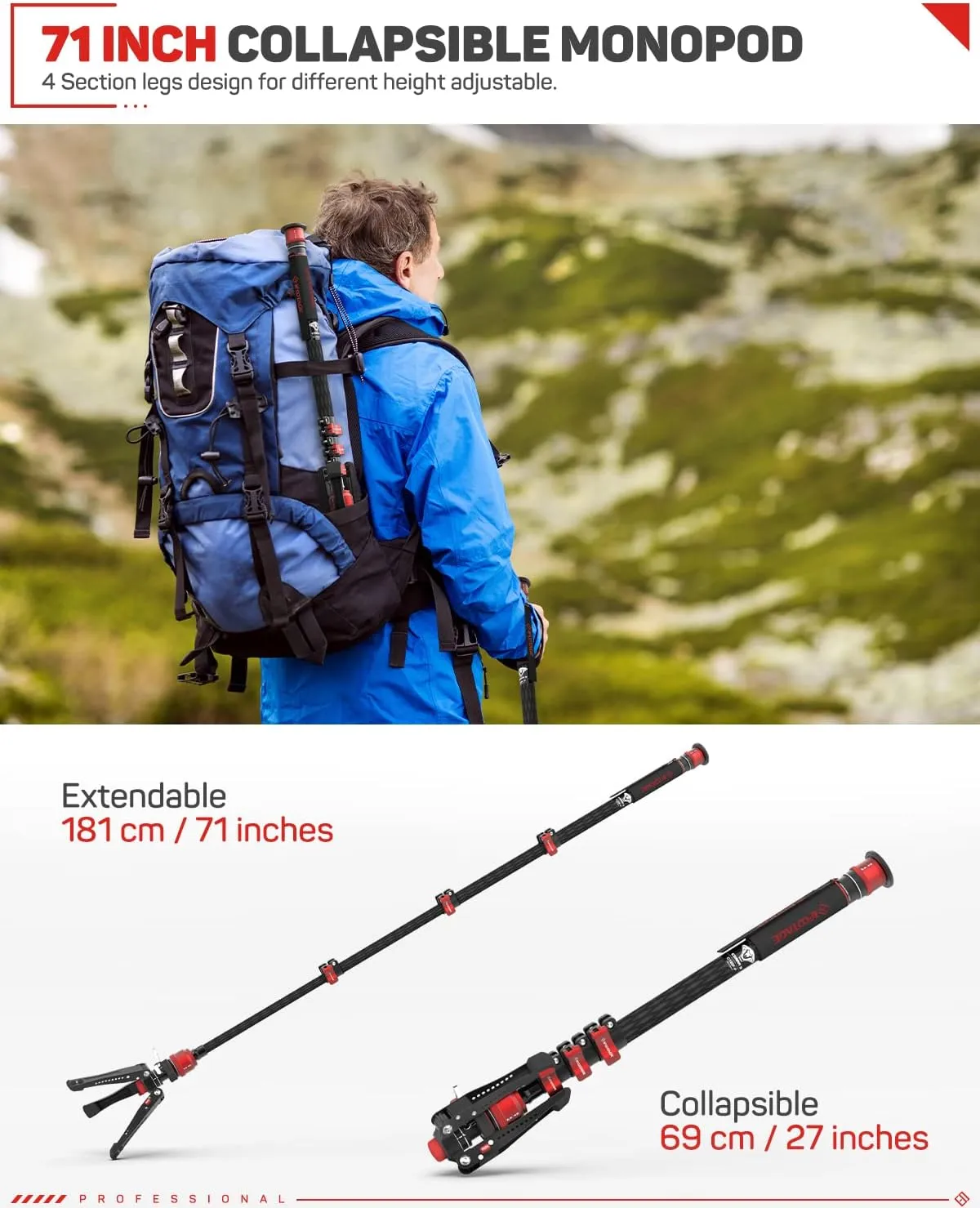 IFOOTAGE 71" Monopod with Fluid Head, Monopod for Cameras with Video Head, Carbon Fiber Vamera Monopod with Fluid Head, Outdoor Photography Set, Monopod with Video Head, Cobra 3 C180F-P & Komodo K5S