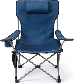 in 1 Folding Camping Chair with Cup Holder, Folding Recliner with Pillow and Side Pocket, for Camping Fishing Beach and Picnics, Blue