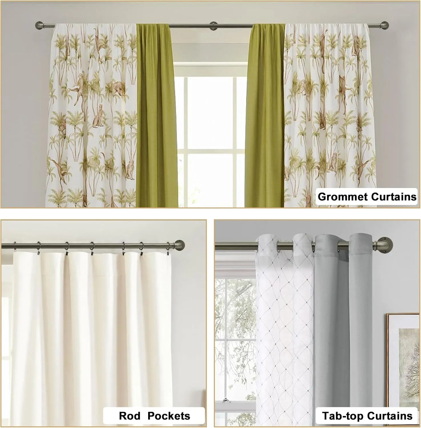 Industrial Curtain Rods for Windows 18 to 88 Inch, 1 Inch Blackout Wrap Around Drapery Rods, Adjustable Farmhouse Curtain Pole, Wall or Ceiling Mounted, for Living Room, Antique Silver