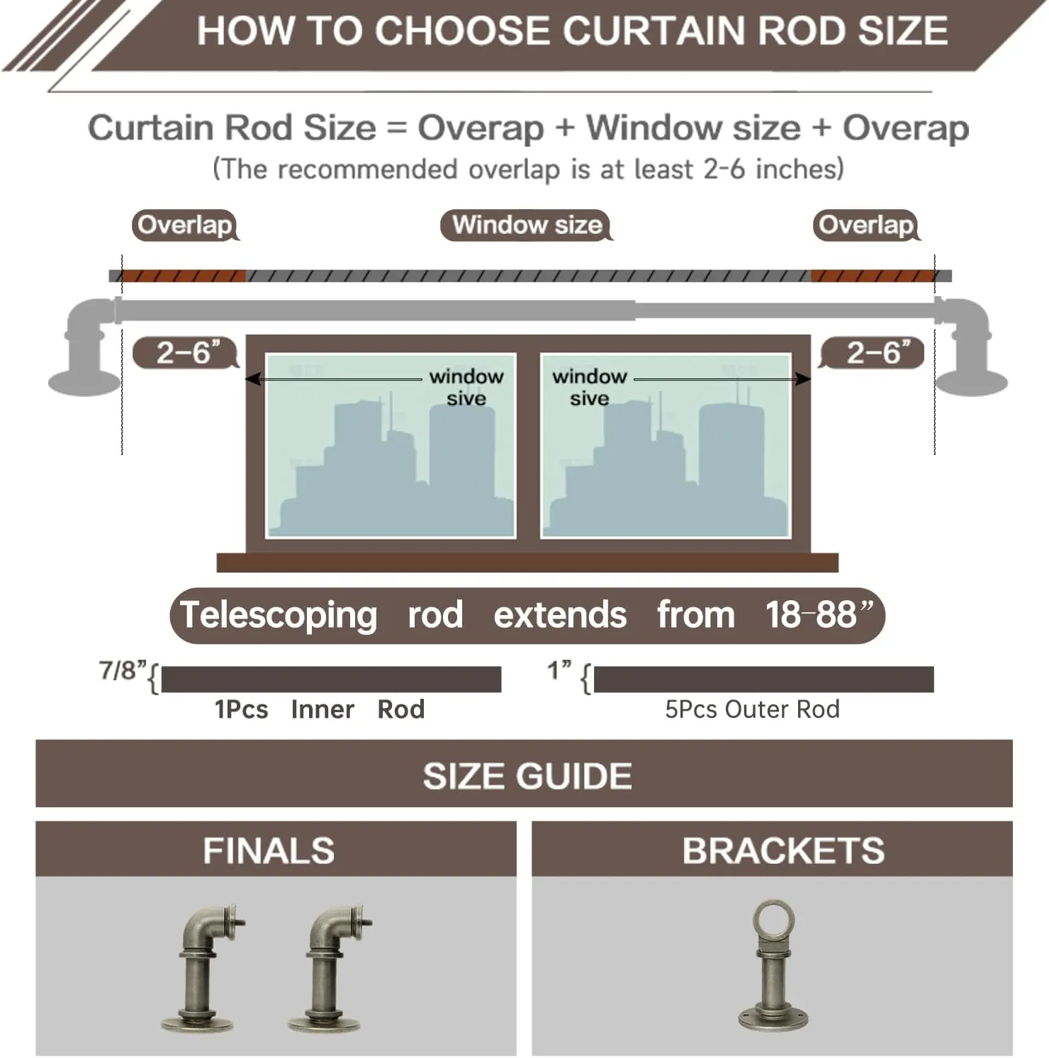 Industrial Curtain Rods for Windows 18 to 88 Inch, 1 Inch Blackout Wrap Around Drapery Rods, Adjustable Farmhouse Curtain Pole, Wall or Ceiling Mounted, for Living Room, Antique Silver