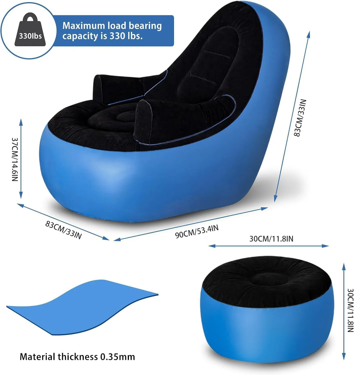 Inflatable Couch with Armrest＆Ottoman, Blow Up Lounger Chair,Folding Air Chair for Adults,Inflatable Lazy Sofa Perfect for Rooms, Camping or Home(Without Pump)