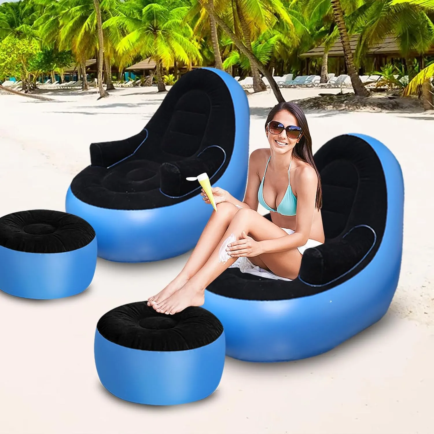 Inflatable Couch with Armrest＆Ottoman, Blow Up Lounger Chair,Folding Air Chair for Adults,Inflatable Lazy Sofa Perfect for Rooms, Camping or Home(Without Pump)