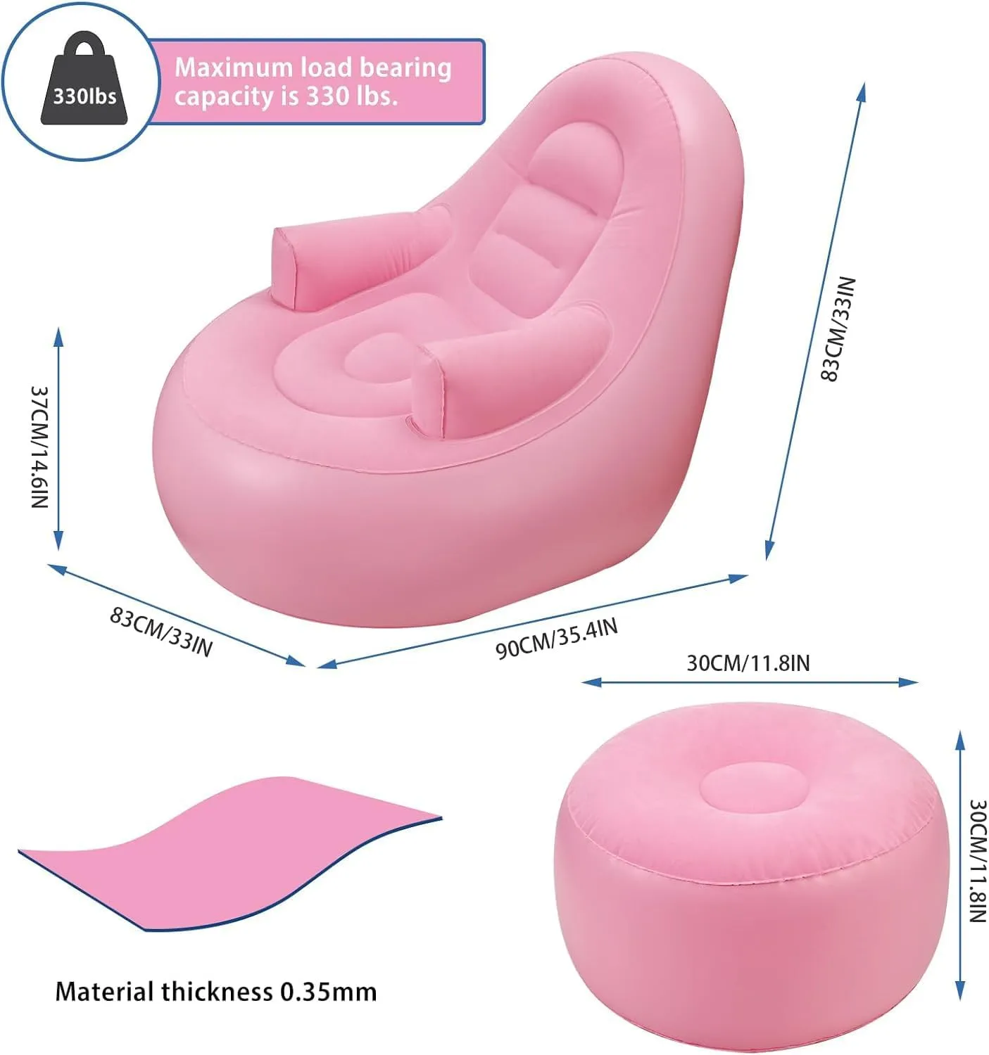 Inflatable Couch with Armrest＆Ottoman, Blow Up Lounger Chair,Folding Air Chair for Adults,Inflatable Lazy Sofa Perfect for Rooms, Camping or Home(Without Pump)