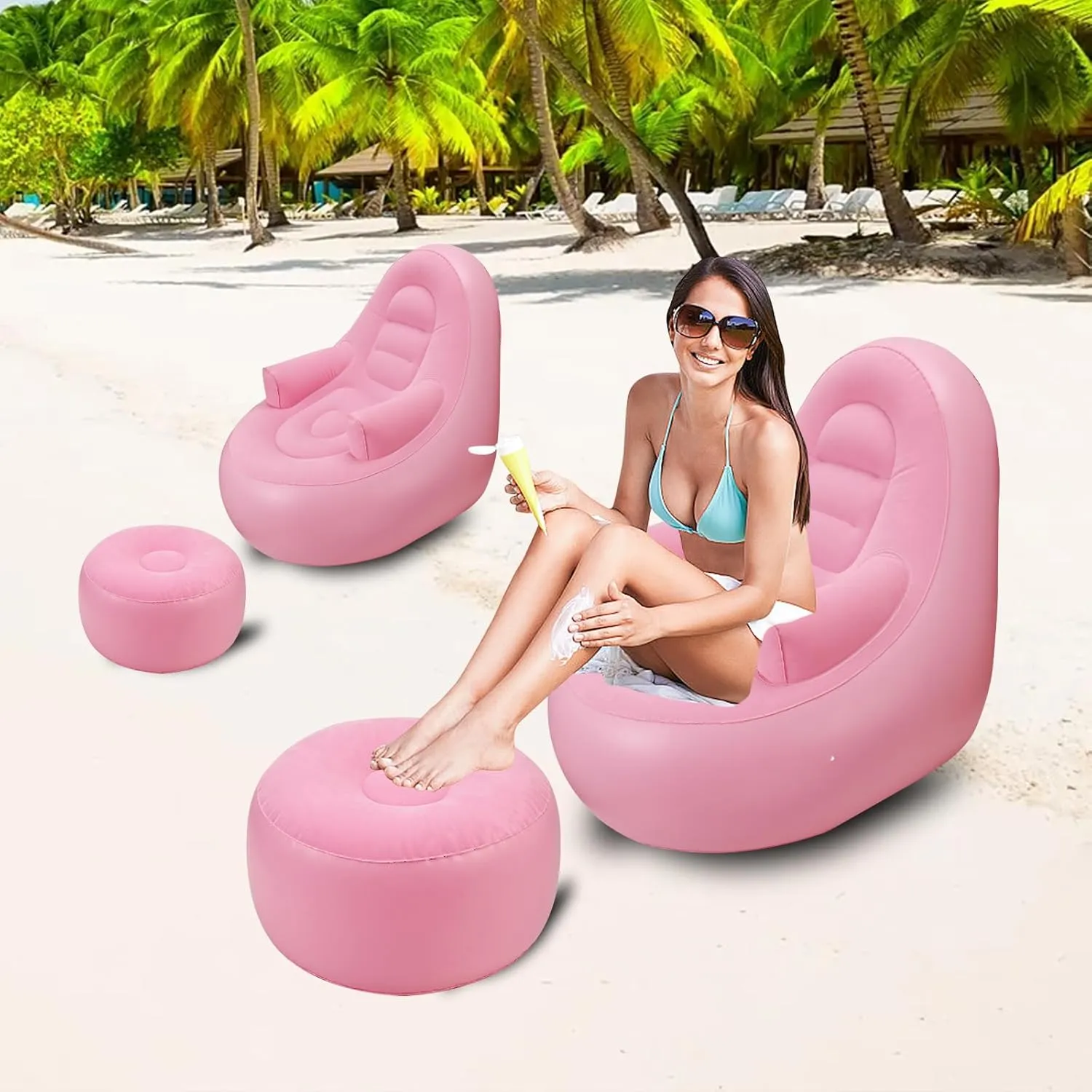 Inflatable Couch with Armrest＆Ottoman, Blow Up Lounger Chair,Folding Air Chair for Adults,Inflatable Lazy Sofa Perfect for Rooms, Camping or Home(Without Pump)