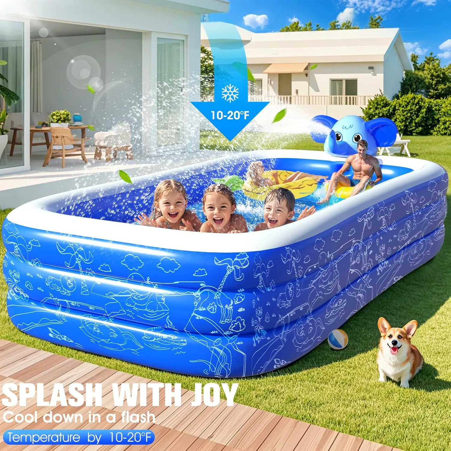 Inflatable Pools with Sprinkler,Upgraded Elephant Inflatable Swimming Pool,Kids Pools for Backyard,Large Inflatable Pool for Adults Blow up Pools,Oversized Thickened Family Inflatable Pool-Blue