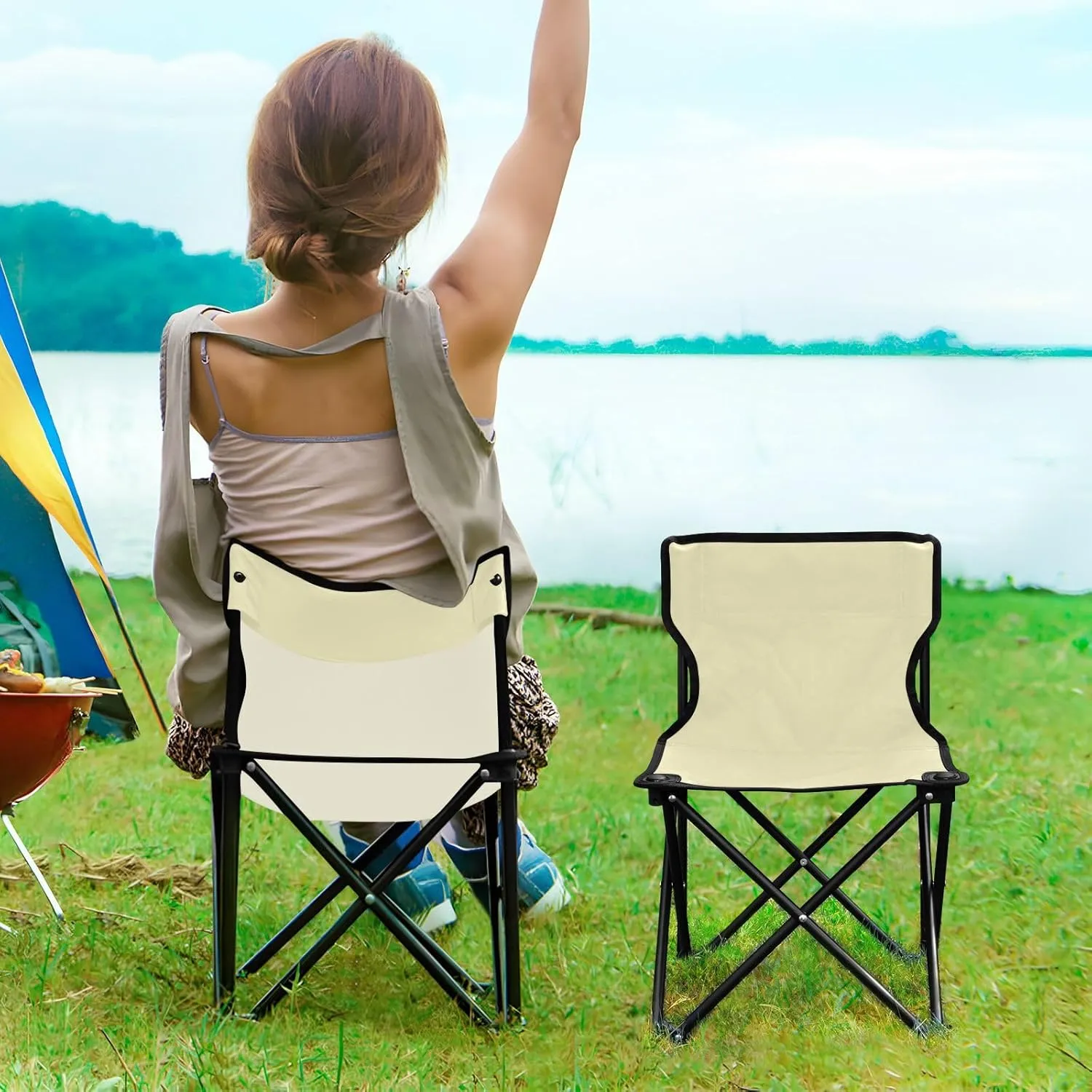 J JOYSAY Light Yellow Portable Camping Chair Lightweight Outdoor Folding Chair for Adults Backpacking Chair for Outside Camping Hiking Travel Sports Beach