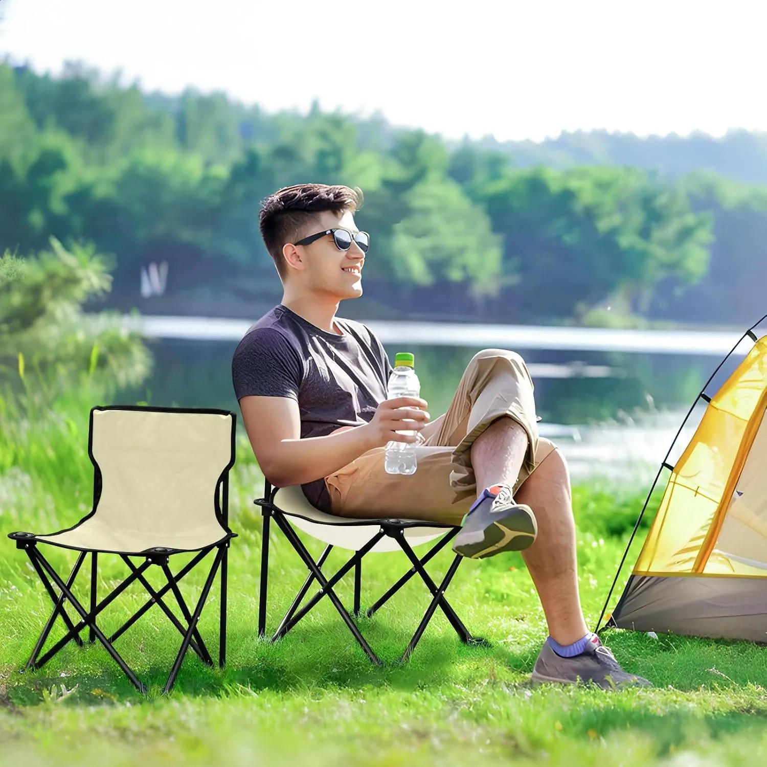 J JOYSAY Light Yellow Portable Camping Chair Lightweight Outdoor Folding Chair for Adults Backpacking Chair for Outside Camping Hiking Travel Sports Beach