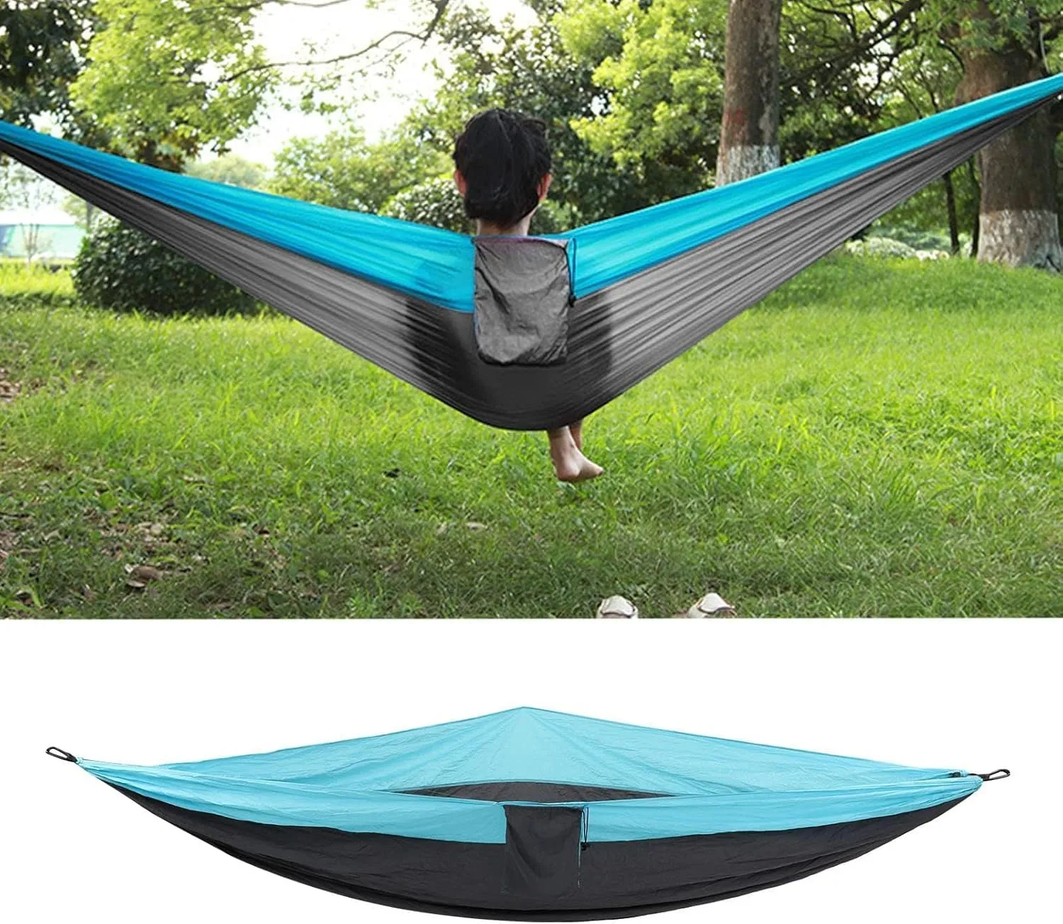 JEOZBM Camping Hammock, Double Portable Lightweight Camping Swing, Tree Straps Swing Hammock Bed for Outdoor Backpacking Backyard Hiking(300-sky Blue Dark Grey)