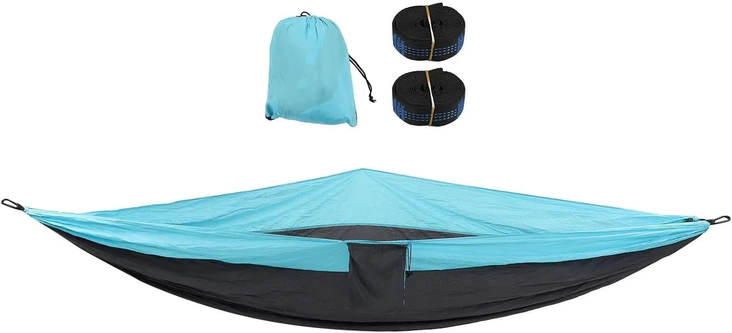 JEOZBM Camping Hammock, Double Portable Lightweight Camping Swing, Tree Straps Swing Hammock Bed for Outdoor Backpacking Backyard Hiking(300-sky Blue Dark Grey)