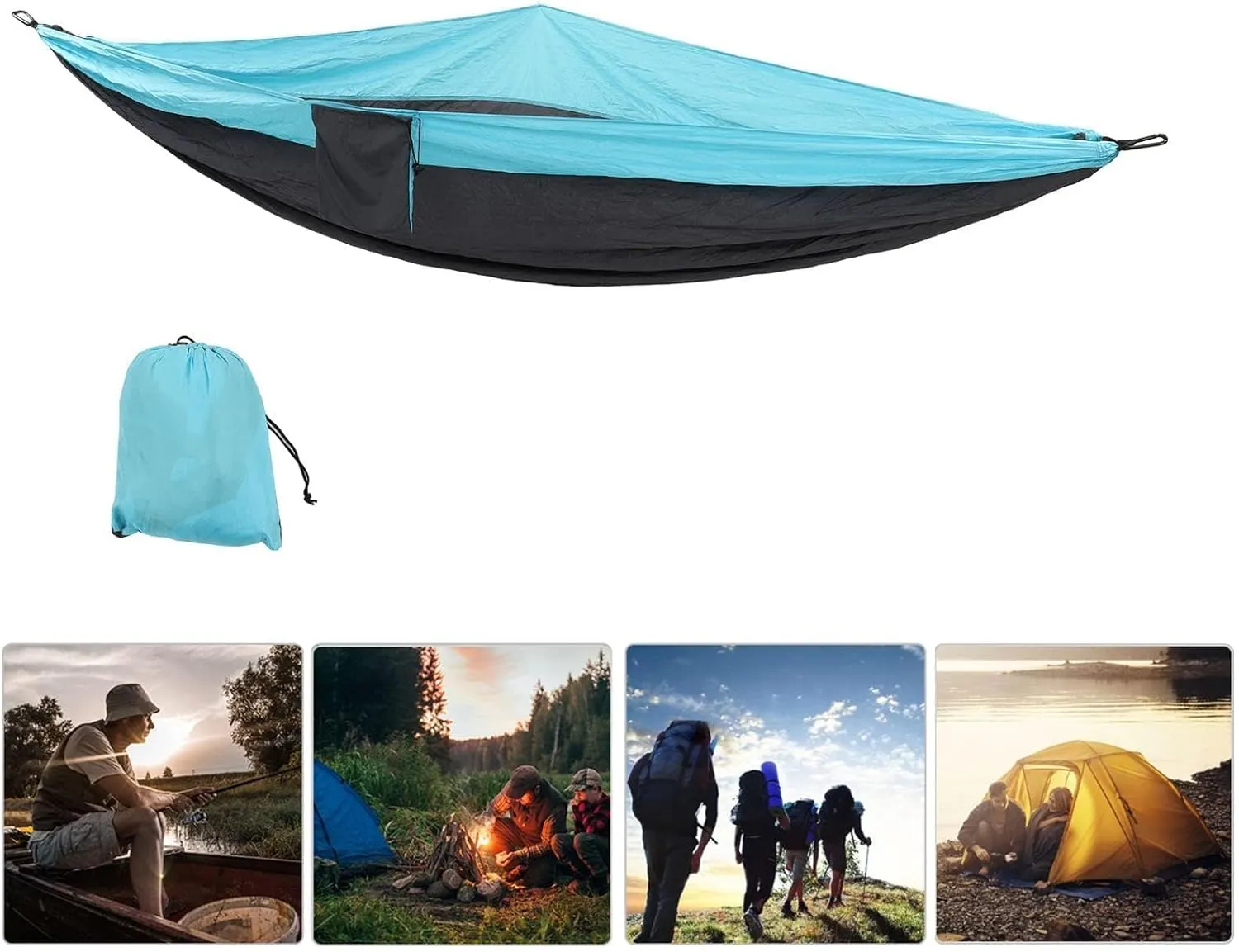 JEOZBM Camping Hammock, Double Portable Lightweight Camping Swing, Tree Straps Swing Hammock Bed for Outdoor Backpacking Backyard Hiking(300-sky Blue Dark Grey)