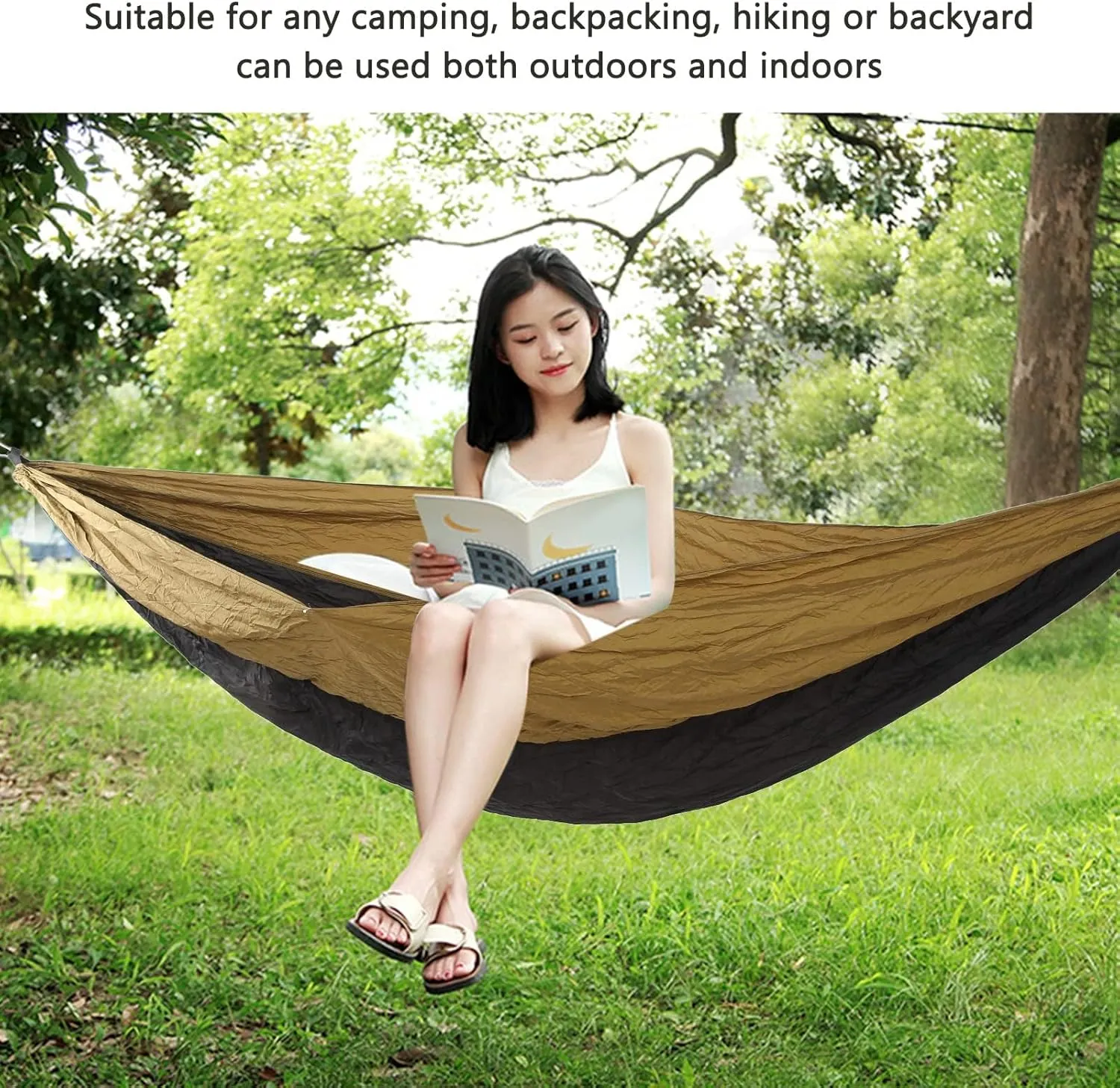 JEOZBM Camping Hammock, Double Portable Lightweight Swing, Quick Drying Nylon Hammock with Tree Straps for Outdoor Backpacking Backyard Hiking(270-camel Black)