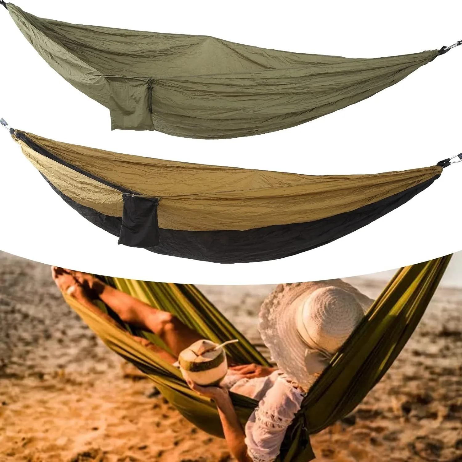 JEOZBM Camping Hammock, Double Portable Lightweight Swing, Quick Drying Nylon Hammock with Tree Straps for Outdoor Backpacking Backyard Hiking(270-camel Black)