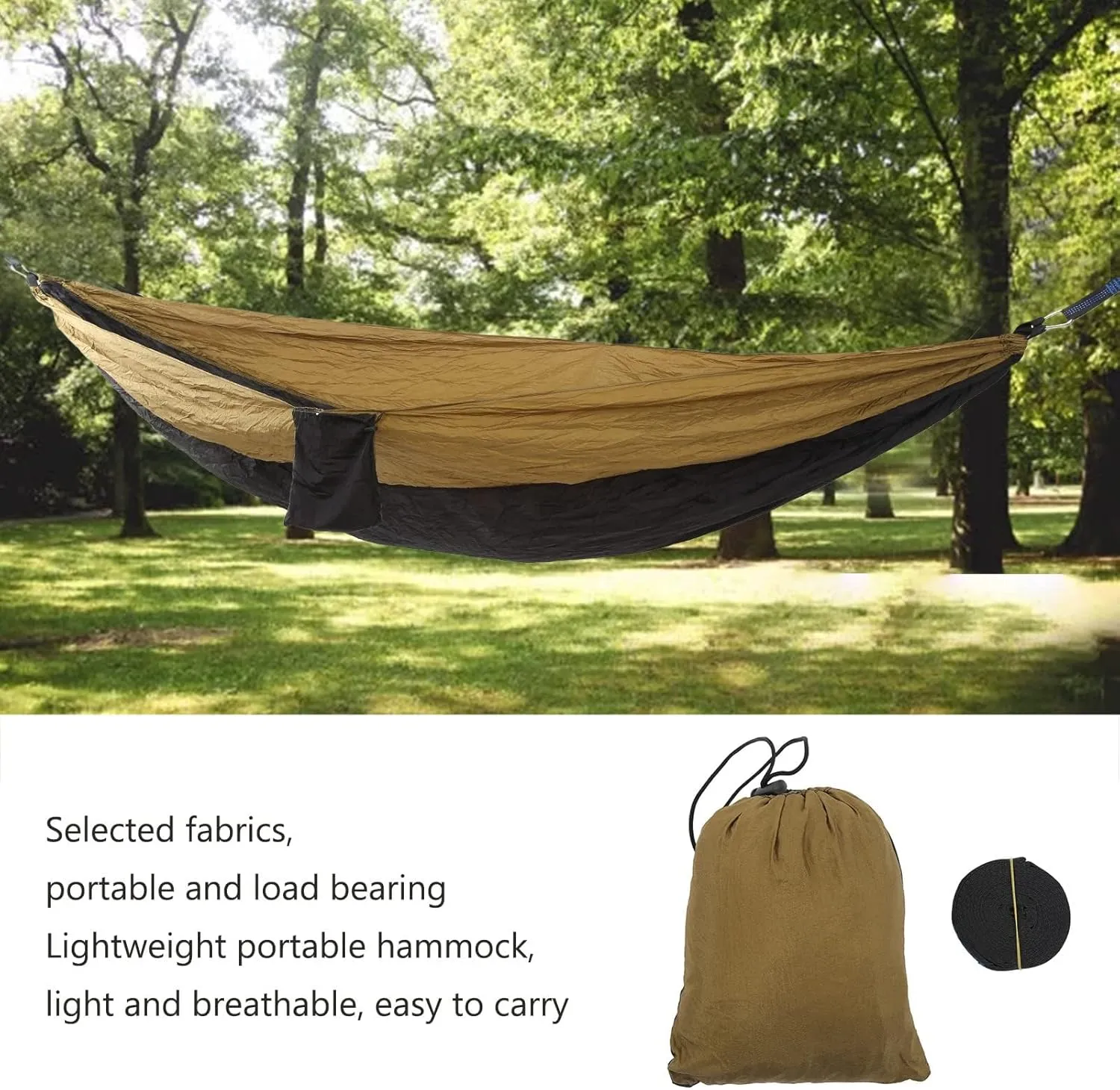 JEOZBM Camping Hammock, Double Portable Lightweight Swing, Quick Drying Nylon Hammock with Tree Straps for Outdoor Backpacking Backyard Hiking(270-camel Black)