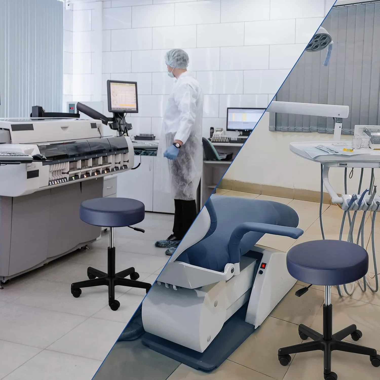 JMU Rolling Stool Heavy Duty 400lb with Wheels, PVC Leather Large Seat,Swivel Rolling Adjustable Height Stool,for Dentists Healthcare (Navy Blue)