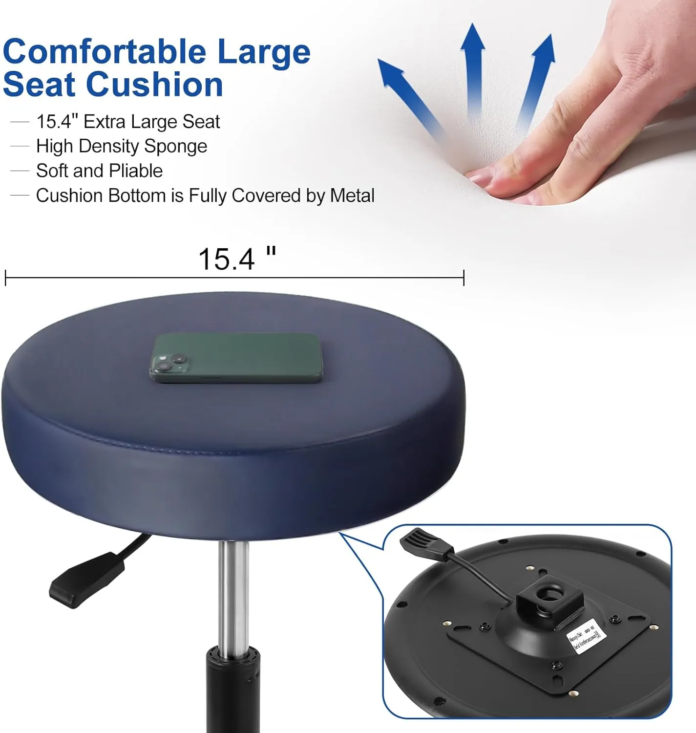 JMU Rolling Stool Heavy Duty 400lb with Wheels, PVC Leather Large Seat,Swivel Rolling Adjustable Height Stool,for Dentists Healthcare (Navy Blue)