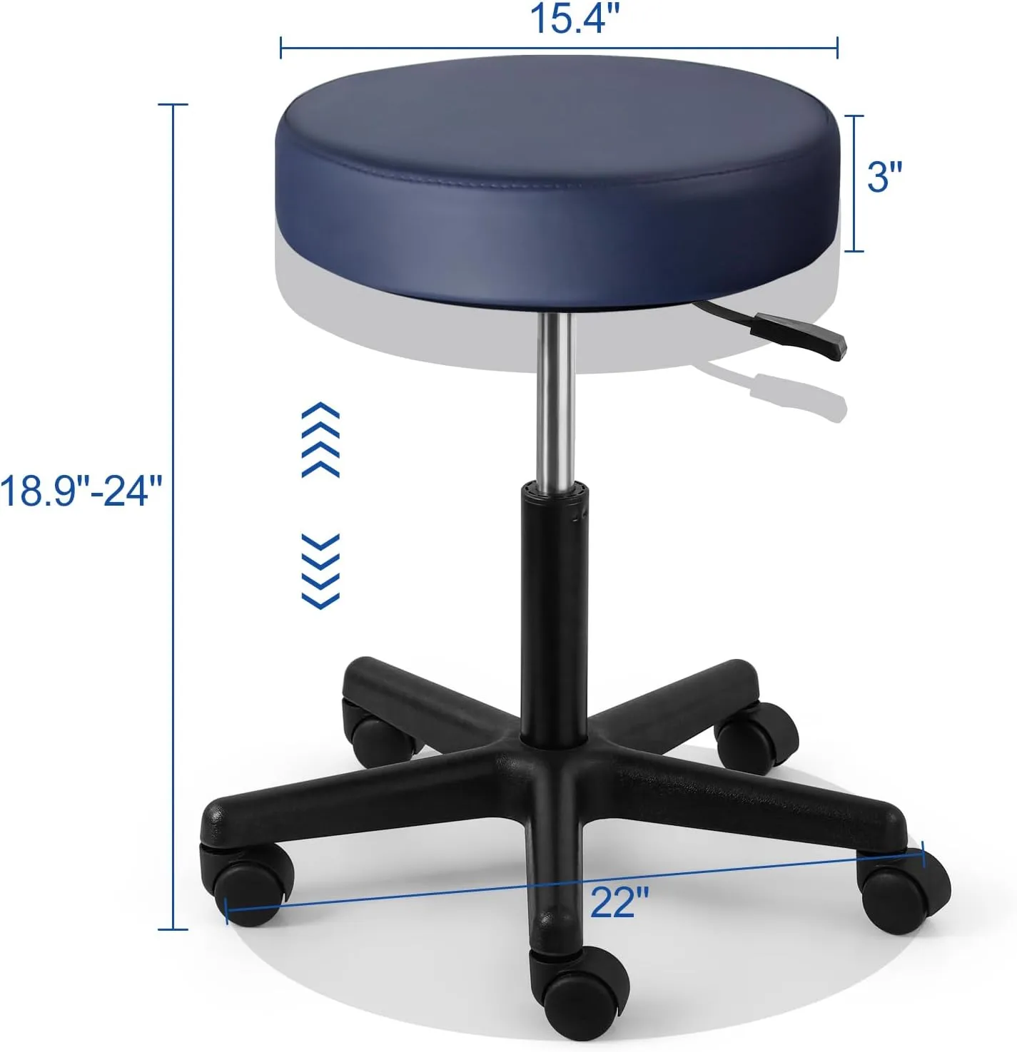 JMU Rolling Stool Heavy Duty 400lb with Wheels, PVC Leather Large Seat,Swivel Rolling Adjustable Height Stool,for Dentists Healthcare (Navy Blue)