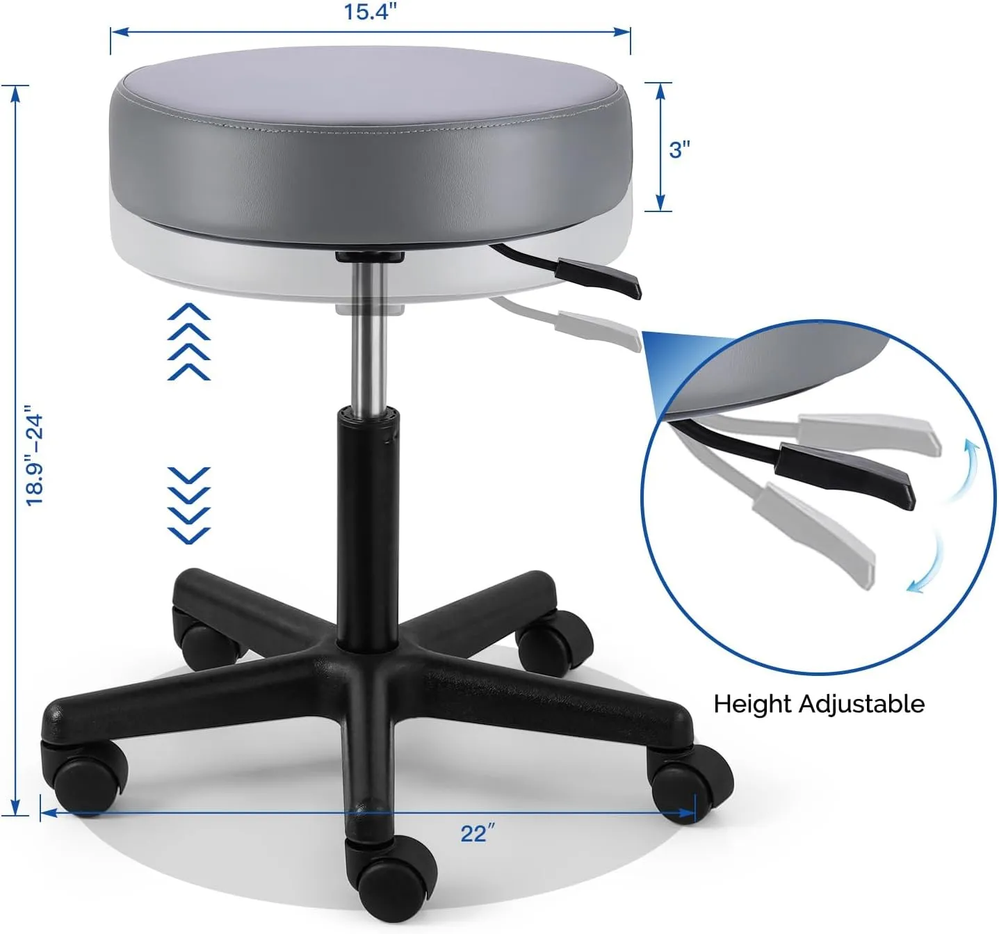 JMU Rolling Stool with Wheels, PVC Leather Large Seat, 400lbs Heavy Duty Adjustable Height, for Dentists Healthcare(Charcoal