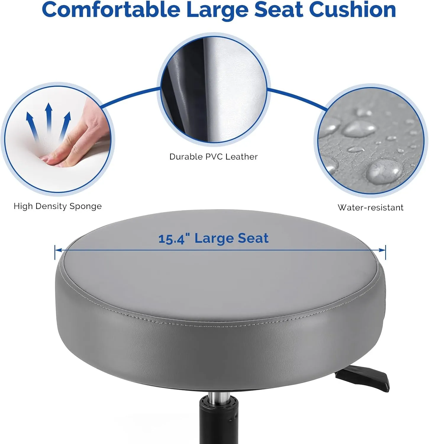JMU Rolling Stool with Wheels, PVC Leather Large Seat, 400lbs Heavy Duty Adjustable Height, for Dentists Healthcare(Charcoal