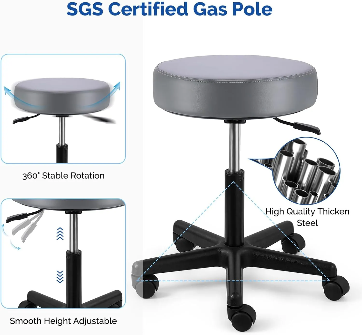 JMU Rolling Stool with Wheels, PVC Leather Large Seat, 400lbs Heavy Duty Adjustable Height, for Dentists Healthcare(Charcoal
