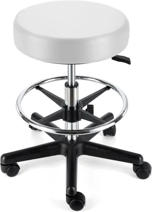 JMU Round Rolling Stool with Foot Rest,Ultra Soft PVC Leather Large Seat,Heavy Weight Capacity 400lbs, Adjustable Height for Tattoo Salon Spa Office Dentists Healthcare(White)