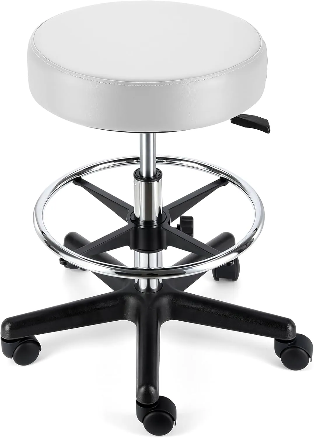 JMU Round Rolling Stool with Foot Rest,Ultra Soft PVC Leather Large Seat,Heavy Weight Capacity 400lbs, Adjustable Height for Tattoo Salon Spa Office Dentists Healthcare(White)