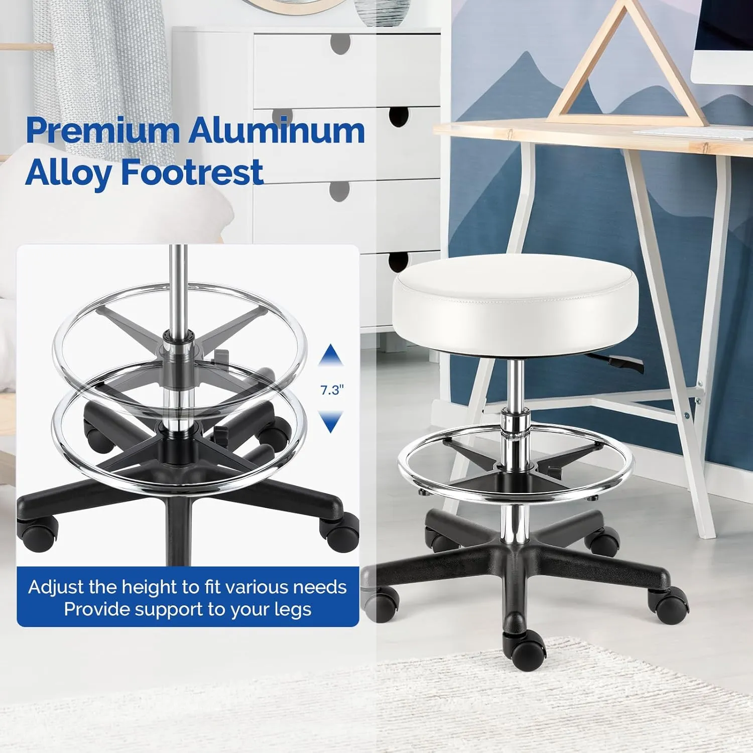 JMU Round Rolling Stool with Foot Rest,Ultra Soft PVC Leather Large Seat,Heavy Weight Capacity 400lbs, Adjustable Height for Tattoo Salon Spa Office Dentists Healthcare(White)