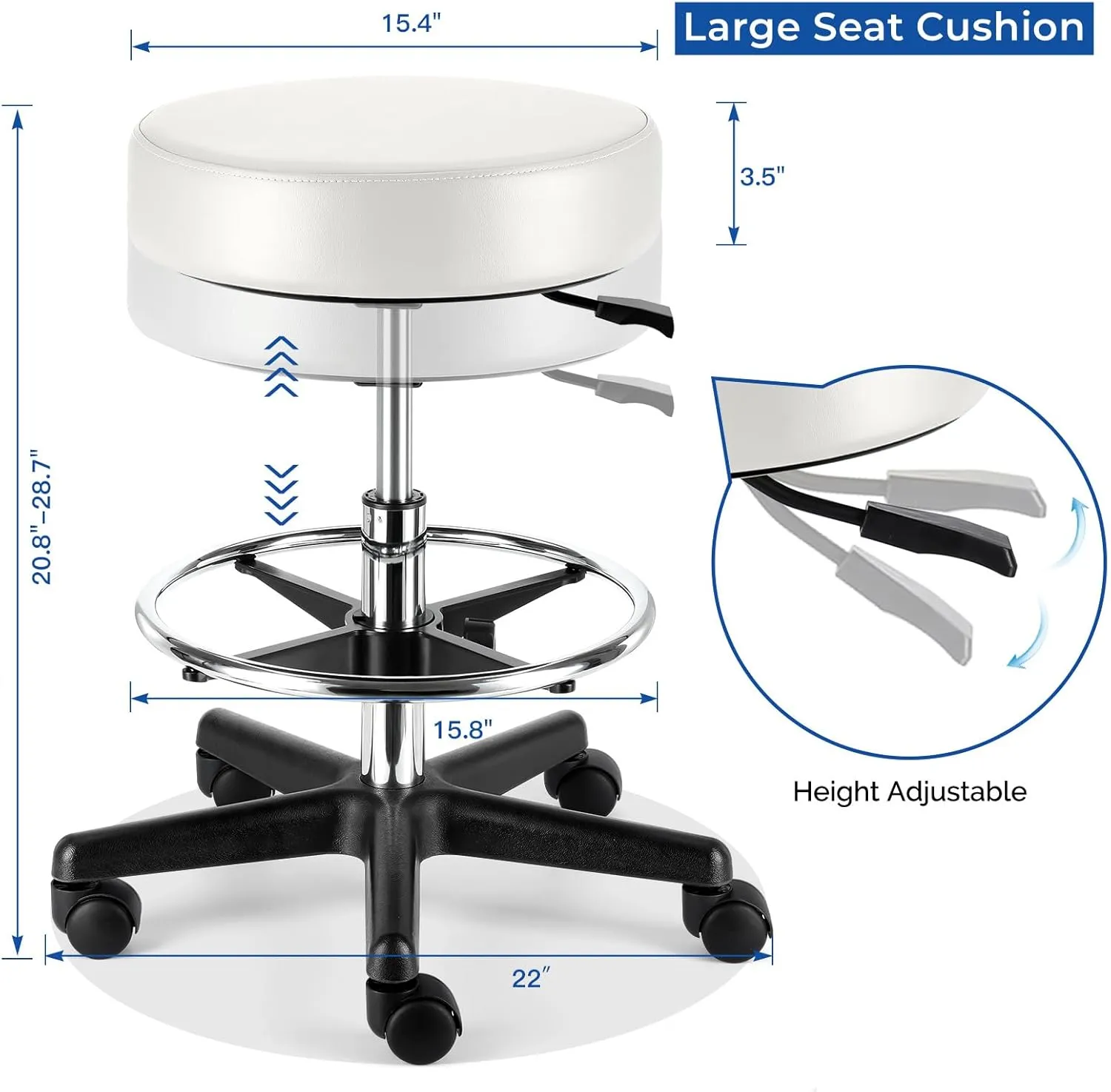 JMU Round Rolling Stool with Foot Rest,Ultra Soft PVC Leather Large Seat,Heavy Weight Capacity 400lbs, Adjustable Height for Tattoo Salon Spa Office Dentists Healthcare(White)