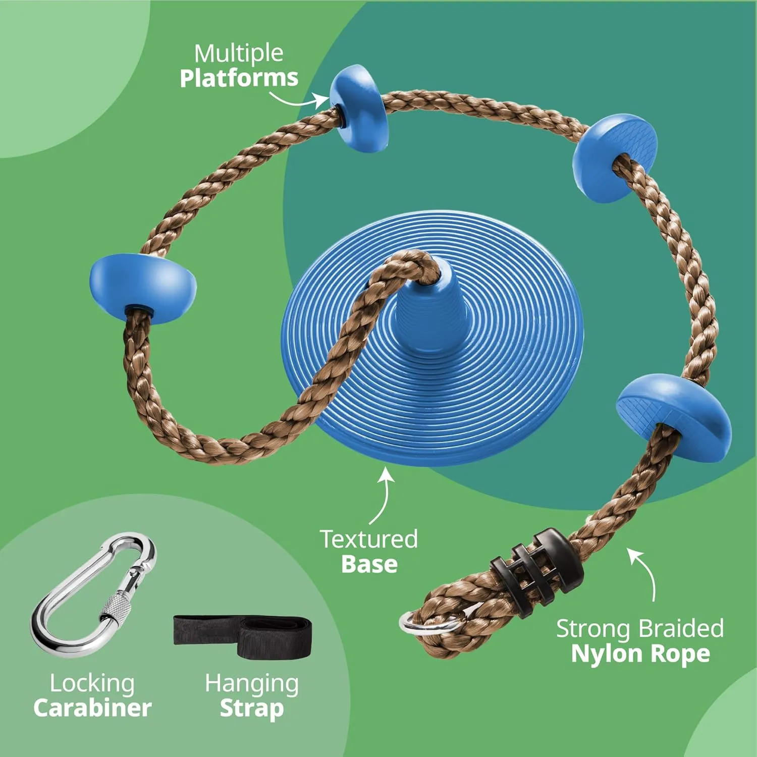 Jungle Gym Kingdom Tree Swing for Kids - Single Disc Seat and Brown Climbing Rope Set w/Carabiner and 4 Foot Strap - Treehouse and Outdoor Playground Accessories - Blue
