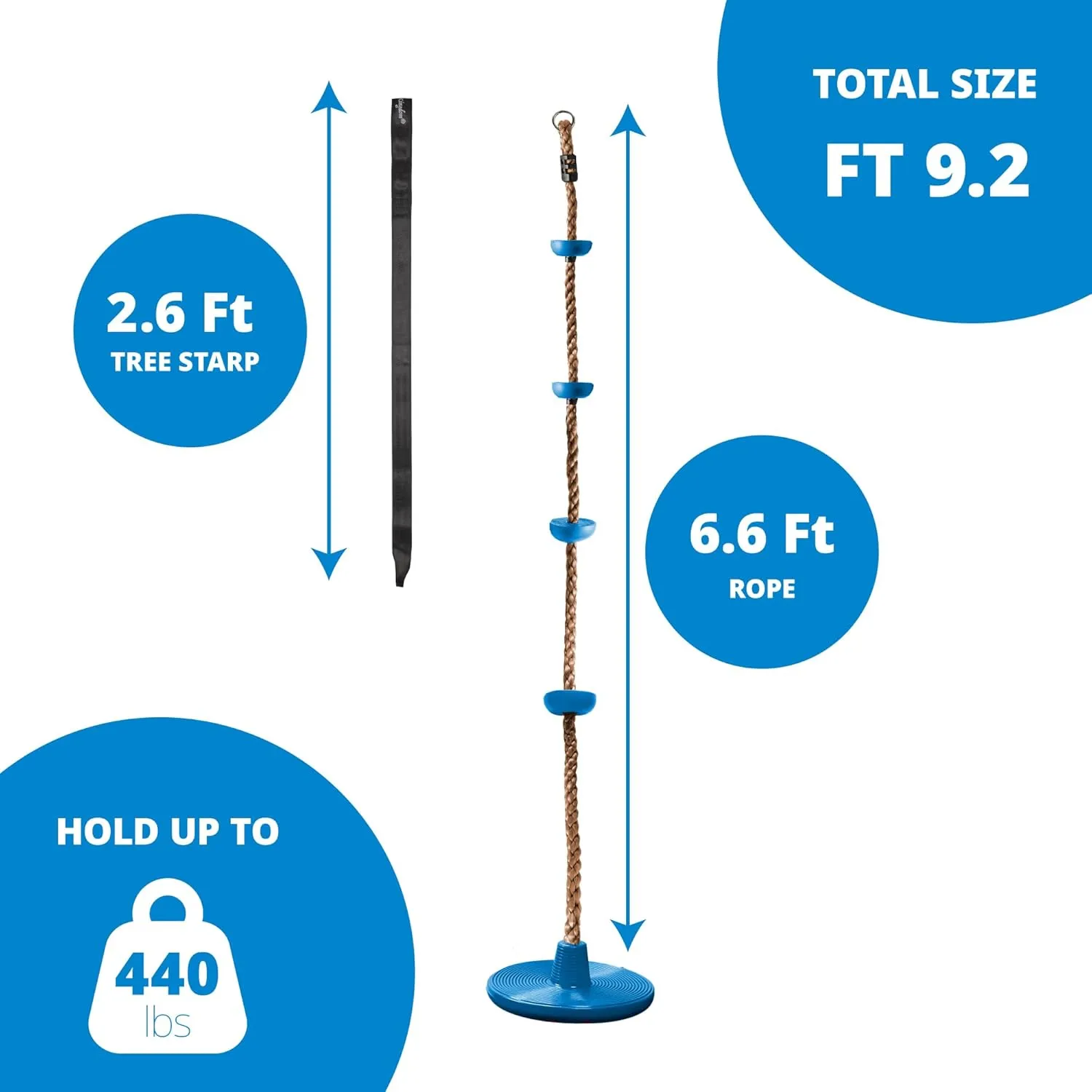 Jungle Gym Kingdom Tree Swing for Kids - Single Disc Seat and Brown Climbing Rope Set w/Carabiner and 4 Foot Strap - Treehouse and Outdoor Playground Accessories - Blue