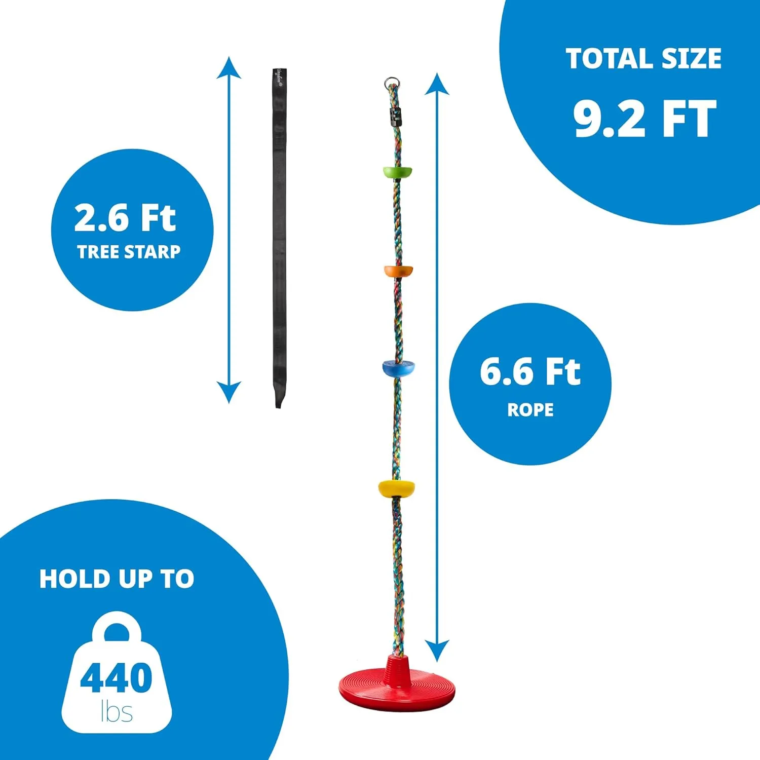Jungle Gym Kingdom Tree Swing for Kids - Single Disc Seat and Rainbow Climbing Rope Set w/Carabiner and 4 Foot Strap - Treehouse and Outdoor Playground Accessories - Red