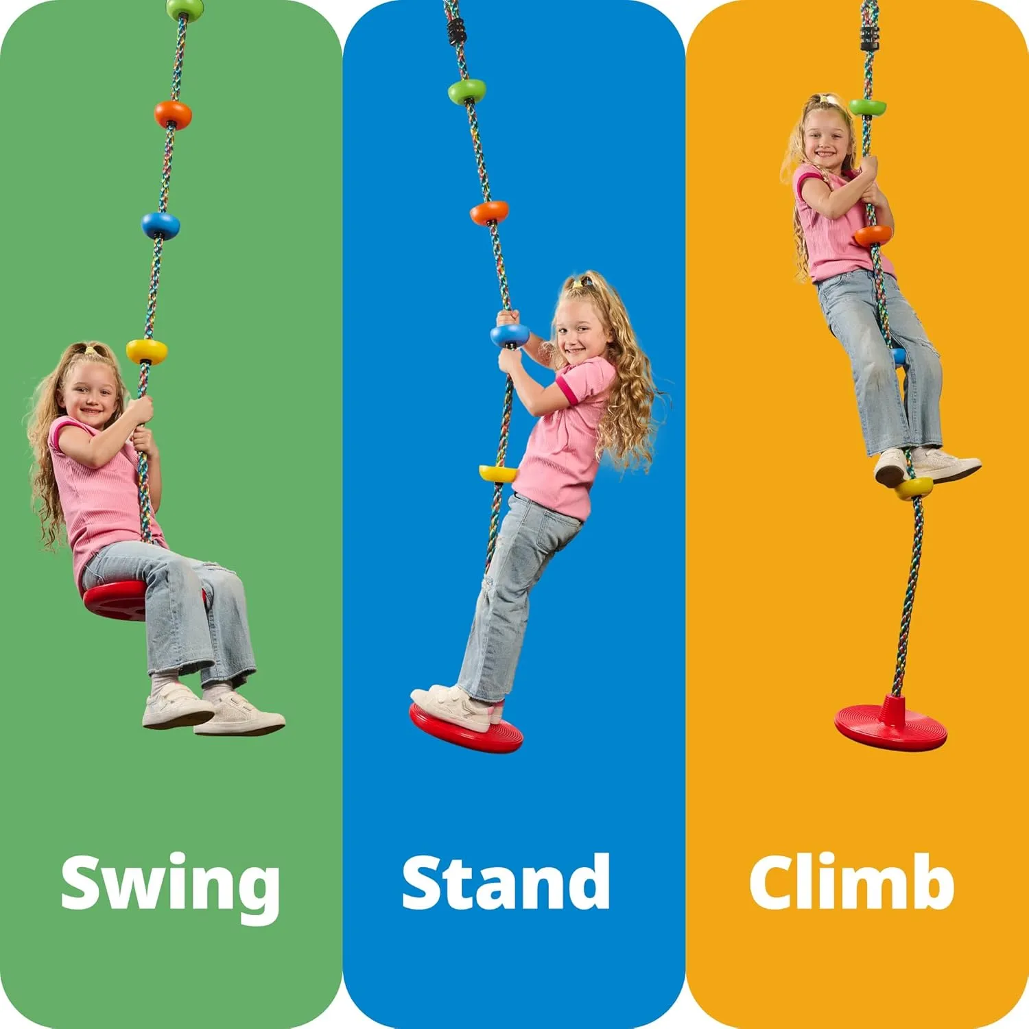 Jungle Gym Kingdom Tree Swing for Kids - Single Disc Seat and Rainbow Climbing Rope Set w/Carabiner and 4 Foot Strap - Treehouse and Outdoor Playground Accessories - Red