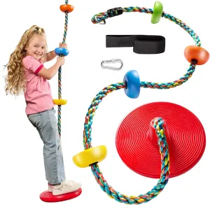 Jungle Gym Kingdom Tree Swing for Kids - Single Disc Seat and Rainbow Climbing Rope Set w/Carabiner and 4 Foot Strap - Treehouse and Outdoor Playground Accessories - Red
