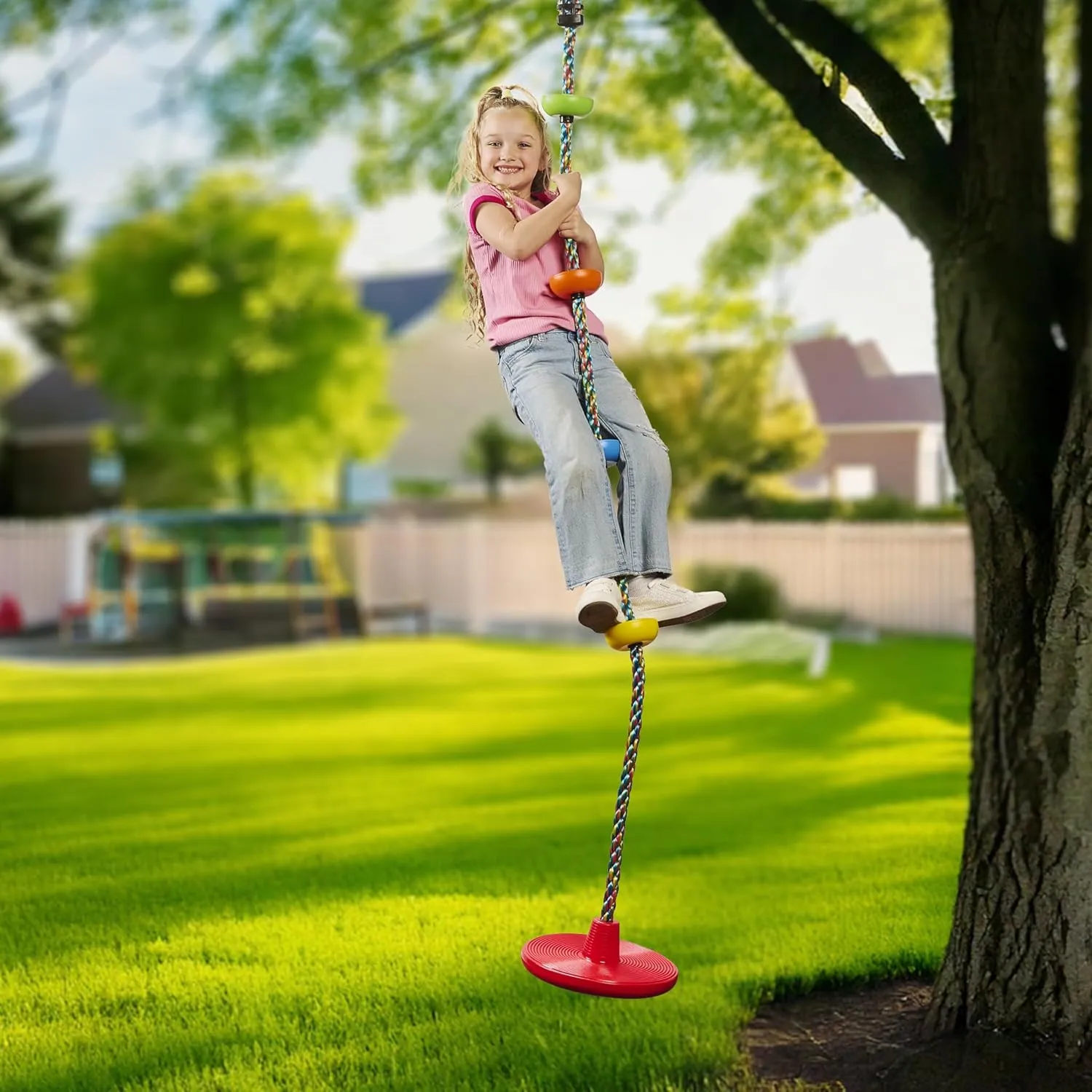 Jungle Gym Kingdom Tree Swing for Kids - Single Disc Seat and Rainbow Climbing Rope Set w/Carabiner and 4 Foot Strap - Treehouse and Outdoor Playground Accessories - Red