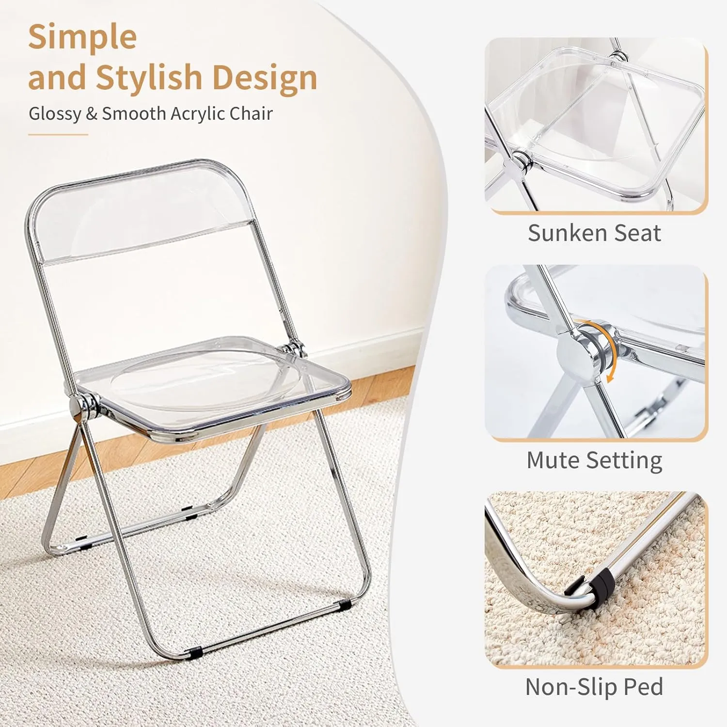 KAIHAOWIN Luxury Modern Transparent Folding Chair Acrylic Folding Chairs-Acrylic Ghost Stackable Crystal Seat-PC Plastic Living Room Seat-Chrome Frame Accent Side Chair (Clearing)