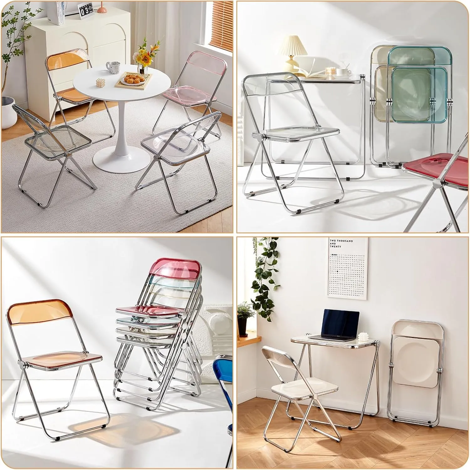 KAIHAOWIN Luxury Modern Transparent Folding Chair Acrylic Folding Chairs-Acrylic Ghost Stackable Crystal Seat-PC Plastic Living Room Seat-Chrome Frame Accent Side Chair (Clearing)