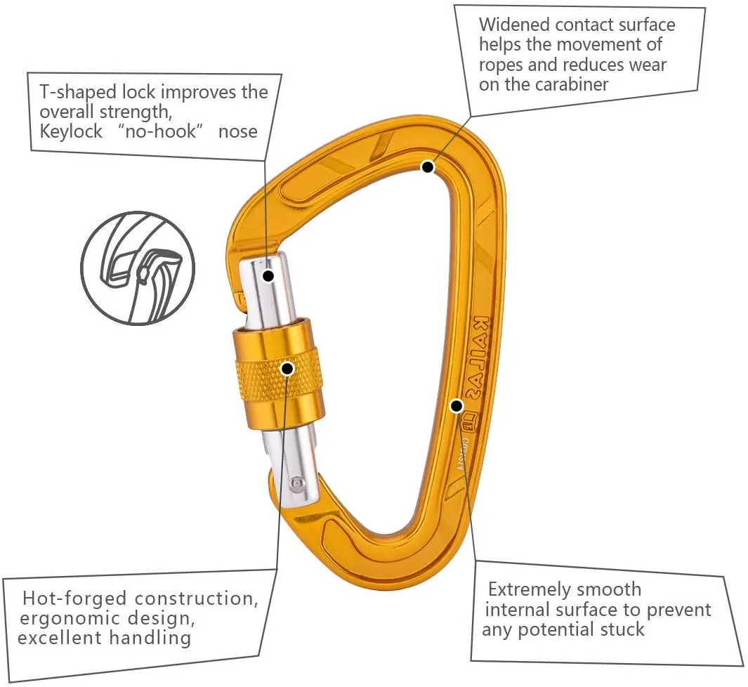 Kailas Locking Climbing Carabiners Rock Clips Heavy Duty Steel UIAA Certified 25KN Screw Gate D Shape for Rappelling and Mountaineering