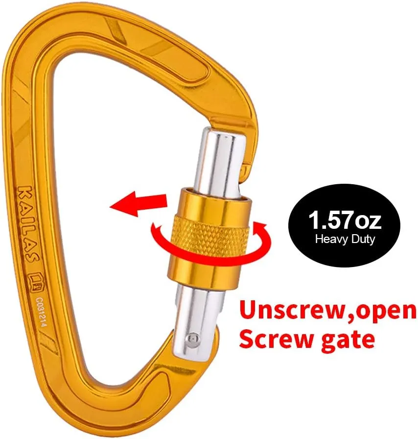 Kailas Locking Climbing Carabiners Rock Clips Heavy Duty Steel UIAA Certified 25KN Screw Gate D Shape for Rappelling and Mountaineering