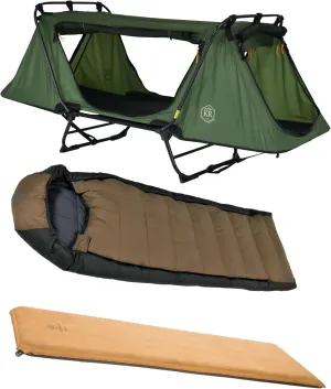Kamp-Rite Anniversary Series 1 Person Tent cot with 20 Degree Outfitter Sleeping Bag and Self Inflating Sleeping pad for Camping Hunting Fishing 3 Piece Bundle Package (Olive)