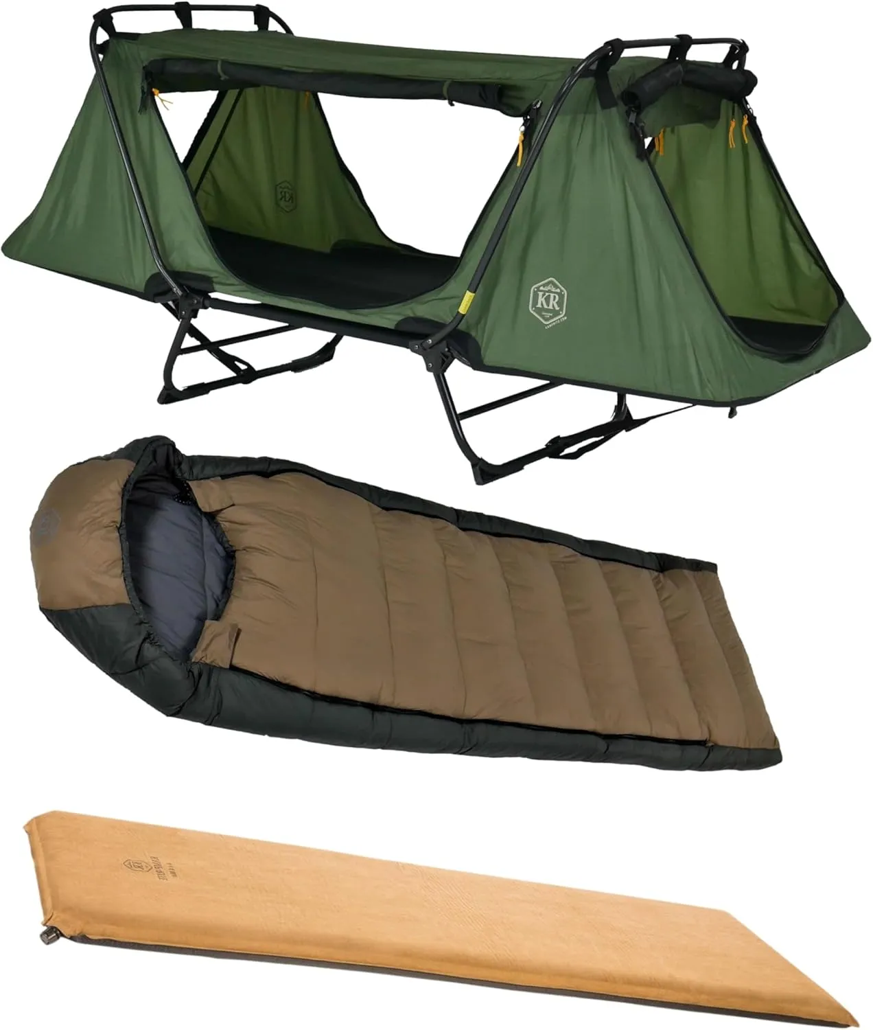 Kamp-Rite Anniversary Series 1 Person Tent cot with 20 Degree Outfitter Sleeping Bag and Self Inflating Sleeping pad for Camping Hunting Fishing 3 Piece Bundle Package (Olive)