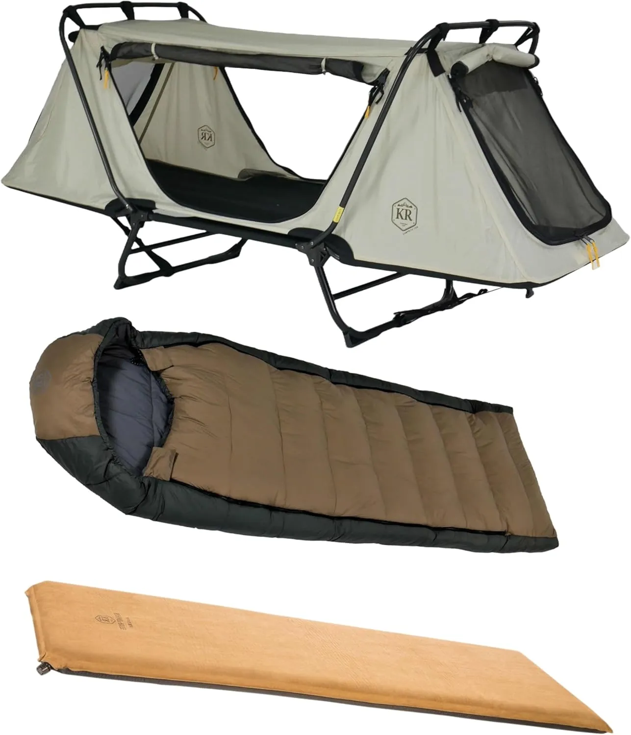 Kamp-Rite Anniversary Series 1 Person Tent cot with 20 Degree Outfitter Sleeping Bag and Self Inflating Sleeping pad for Camping Hunting Fishing 3 Piece Bundle Package (Tan)