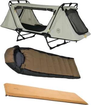 Kamp-Rite Anniversary Series 1 Person Tent cot with 20 Degree Outfitter Sleeping Bag and Self Inflating Sleeping pad for Camping Hunting Fishing 3 Piece Bundle Package (Tan)