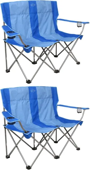 Kamp-Rite KAMPCC356 Outdoor Camping Furniture Beach Patio Sports 2 Person Double Folding Lawn Chair with Cup Holders, Blue (2 Pack)