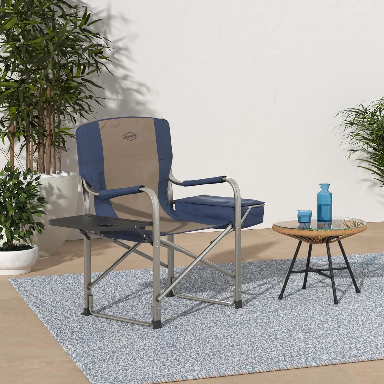Kamp-Rite Portable Outdoor Beach Patio Lawn Director's Chair w/Cooler, Table, & Cup Holder for Backyard, Tailgate, & Sports, 350LB Capacity, Navy/Tan