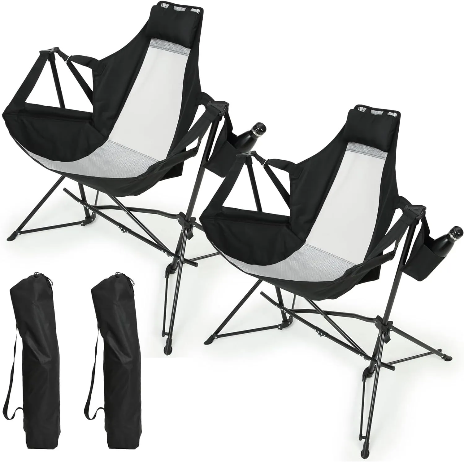 Kangmusi Hammock Camping Chair, Folding Portable Rocking Chair, Adjustable Back Swinging Chair with Pillow Cup Holder for Outdoor Travel Lawn Backyard, Black (2pcs)