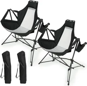 Kangmusi Hammock Camping Chair, Folding Portable Rocking Chair, Adjustable Back Swinging Chair with Pillow Cup Holder for Outdoor Travel Lawn Backyard, Black (2pcs)