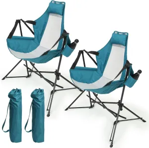 Kangmusi Hammock Camping Chair, Folding Portable Rocking Chair, Adjustable Back Swinging Chair with Pillow Cup Holder for Outdoor Travel Lawn Backyard, Blue (2pcs)